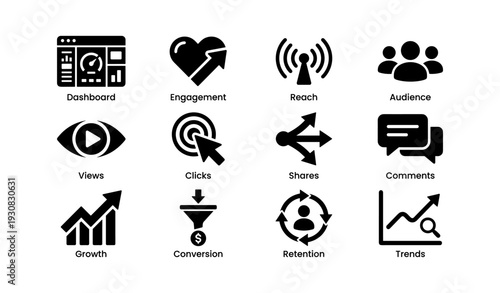 Social media analytics icons: dashboard, engagement, reach, audience, views, growth, trends