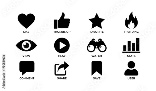 Set of social media icons: like, thumbs up, favorite, trending, view, play, watch, stats, comment, share, save, user