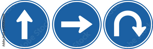 Mandatory traffic direction signs set showing straight ahead right turn and u turn symbols isolated vector illustration for road safety