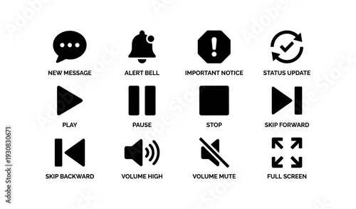 User interface icons: alerts, status, playback controls, and volume functions