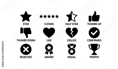 Rating icons set: stars, thumbs, heart, trophy, medal, symbols
