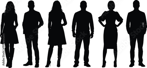 People silhouettes standing collection, men and women full body poses, black vector illustration of professional, casual, and lifestyle figures