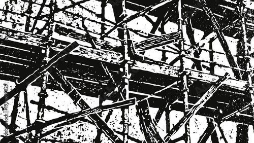 Scaffolding structure with metal pipes and wooden planks for construction and building support