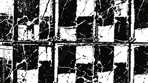 Distressed black and white cracked paint texture on rectangular tile grid pattern for grunge backgrounds