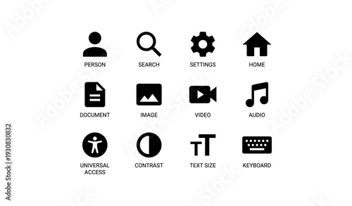 Essential interface icons: person, search, settings, home, document, image, video, audio