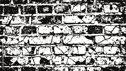 Black and white cracked brick wall texture with peeling paint and distressed vintage grunge pattern