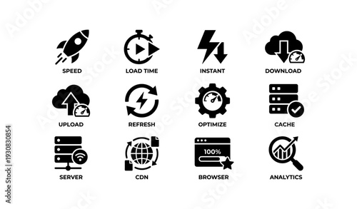 Web performance icons: speed, load time, instant access, optimize, analytics