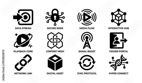 Tech icons: data stream, secure node, media flow, interactive hub
