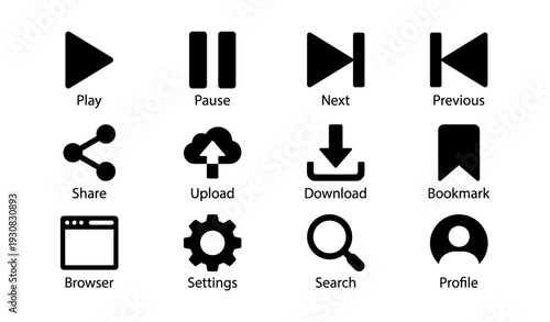 Media control and navigation icons including play, pause, share, and settings