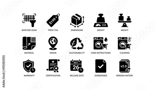 Product icons: barcode, price tag, dimensions, weight, material, warranty