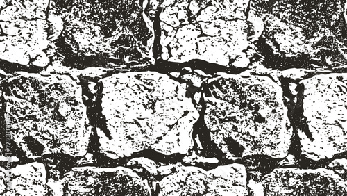 Black and white grunge stone wall texture vintage rough brick pattern with cracked surfaces and weathered effect