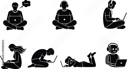 People using laptops silhouettes collection, remote work and digital lifestyle poses, black vector illustration of modern technology users