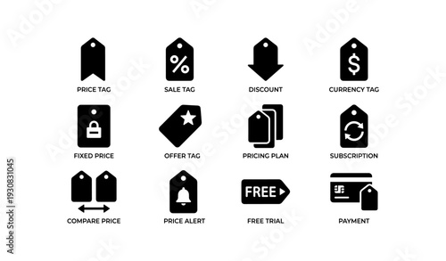 Black shopping icons: tags, discounts, pricing, currency, subscription, payment
