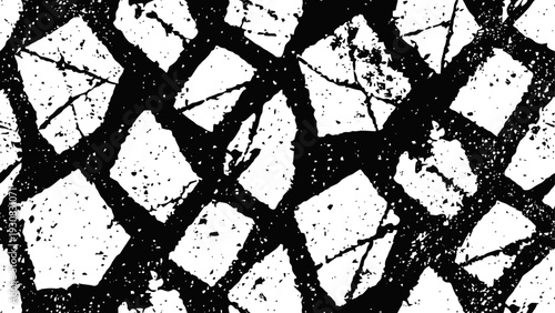 Abstract black and white cracked texture with irregular geometric shapes and distressed grunge pattern
