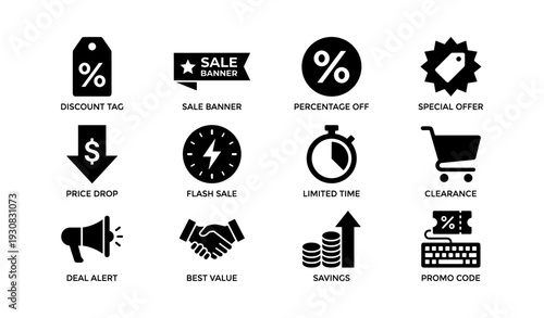Discount symbols collection: sale, percentage off, special offer, price drop, flash sale