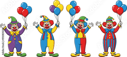 Happy clown characters with colorful costumes and balloons circus carnival entertainment cartoon vector illustration set
