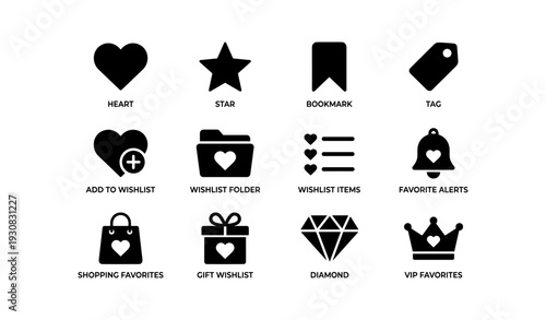 Various black favorite and wishlist icons including heart and star shapes