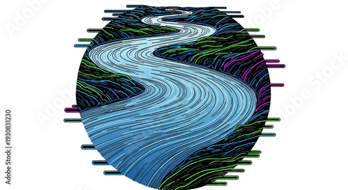 River flows through a stylized landscape captured within a circular frame with glitch-like digital accents.