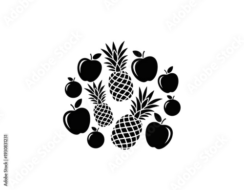 Assorted black and white illustration of tropical and temperate fruits in a circular arrangement isolated on transparent background
