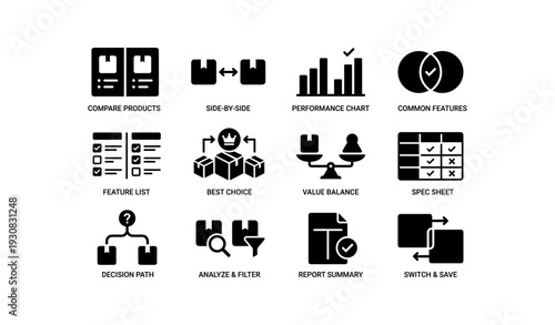 Infographic icons for product comparison and data analysis