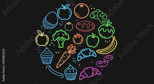 Healthy food selection consisting of fruits and vegetables is depicted as colorful neon line art.