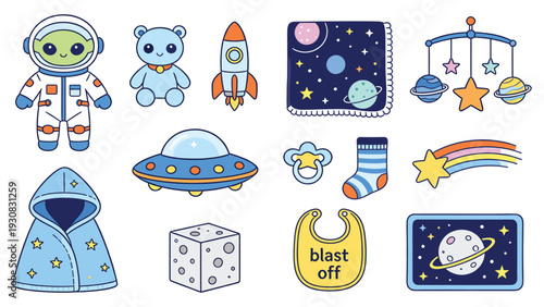 Colorful Space-Themed Baby Stickers Collection with Alien, Rocket, Moon, Stars, Teddies, Baby Bottle, and UFO _1928364191.eps