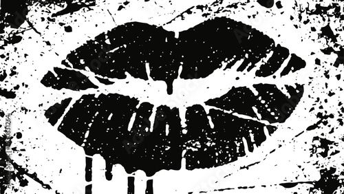 Grunge black lips print with dripping effect on white textured background, vintage decorative art