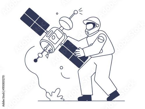 Astronaut in Space Suit Repairing Satellite with Solar Panels in Orbit