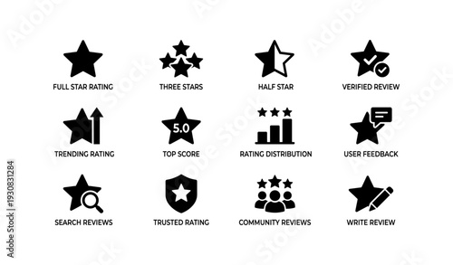 Rating and review icons set: stars, scores, feedback symbols for online platforms
