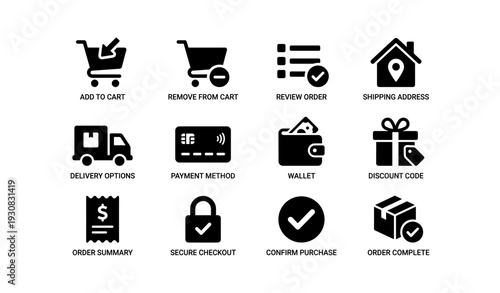 E-commerce shopping icons: cart, wallet, gift, payment, security