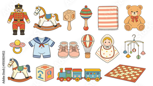 Vibrant Playful Set of 15 Cartoon Toys Baby Items and Accessories in Three Rows Featuring Soldier Rocking Horse Teddy Bear Rattle Shoes Wooden Block and Toy Train