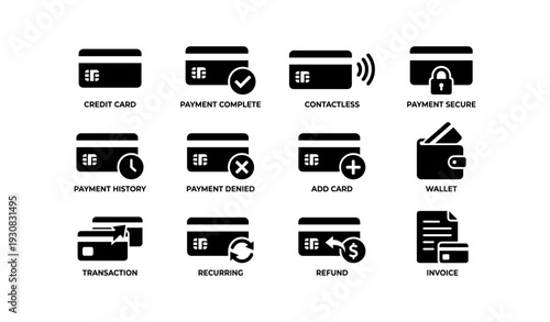 Credit card icon set: payment, security, wallet, refund, invoice
