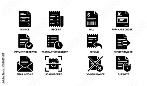Invoice and payment icon set: diverse transaction and document processing symbols