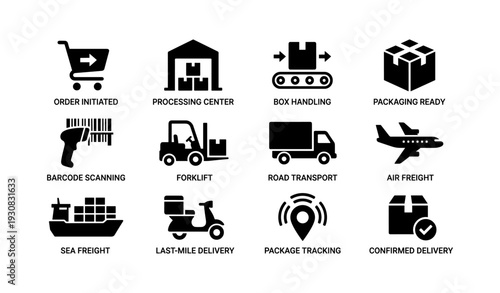 Logistics and delivery icons: warehouse, transport, and packaging symbols