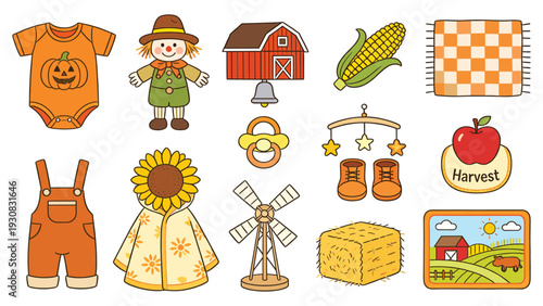 Playful Collection of 12 Stylized Scarecrow, Barn, Onesie, Booties, Apple, and Sunflower Elements for Children's Decor or Educational Use