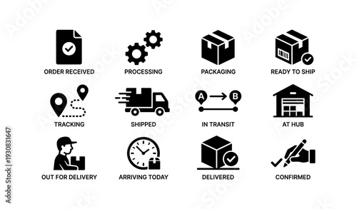Shipping process icons: order, packaging, delivery, tracking, confirmed