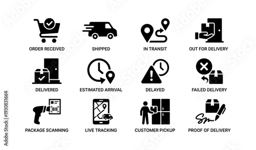 Delivery process icons: shipping, tracking, pickup, and arrival stages