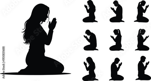 Praying people silhouettes collection, kneeling men and women prayer poses, black vector illustration of faith, spirituality, worship concept, religion, devotion, meditation