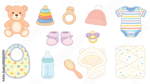 Cute Baby Stickers with Toys, Clothes, and Accessories in Playful Collection Featuring Teddy Bear, Pacifier, and Blanket on Clean Background