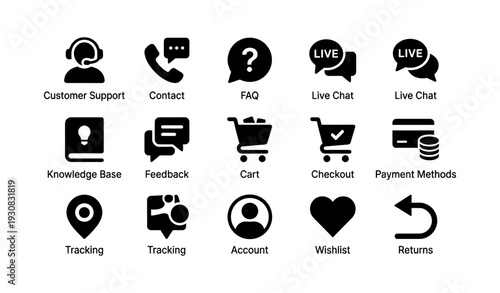Essential e-commerce icons: customer support, faq, live chat, cart, checkout, returns