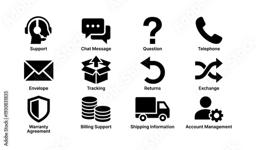 Customer service icons: support, chat, returns, shipping, and more