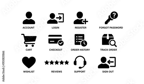 Set of black shopping and user account icons for e-commerce applications