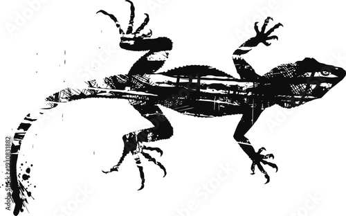 Lizard silhouette with detailed body pattern and scales on white background