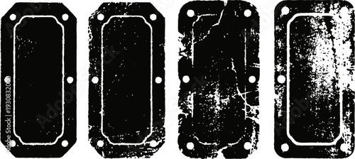 worn metal nameplates with rust and distressed textures, industrial vintage hardware design elements