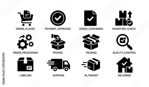 E-commerce icons illustrating order processing and delivery workflow