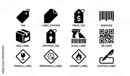 Icon set: price tags, barcodes, labels, scanning tools for packaging and shipping
