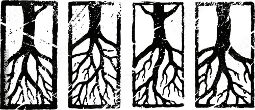 Four black rectangular frames with intricate bare tree roots extending downward in graphic silhouette