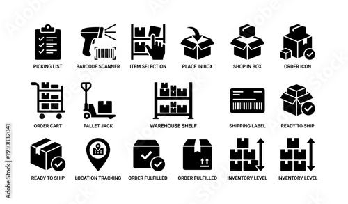 Logistics and inventory management icons set for shipping and warehousing operations