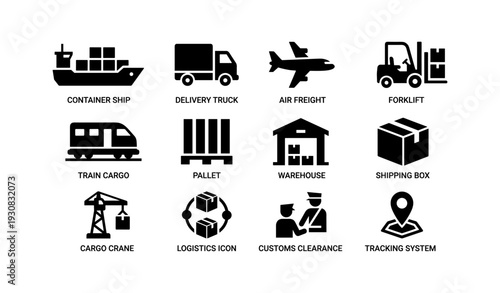 Logistics and transportation icons: ship, truck, airplane, forklift, and more