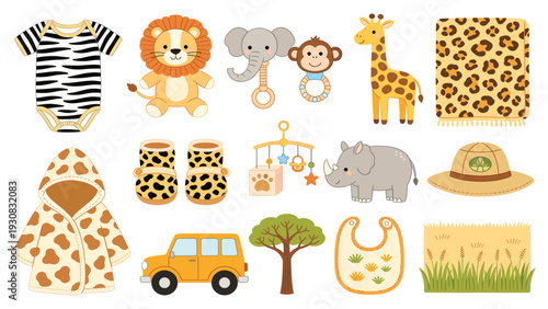 Vibrant Playful Collection of Baby Safari Onesies, Animal Illustrations, and Accessories on Clean Canvas